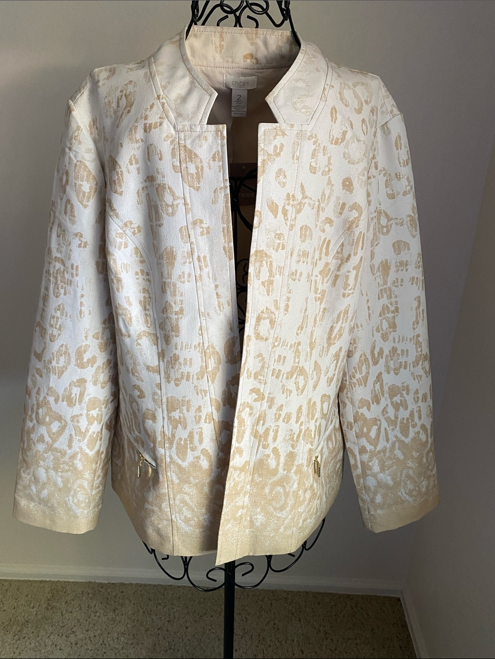 Chico's Cream & Gold Animal-Print Open Front Blazer